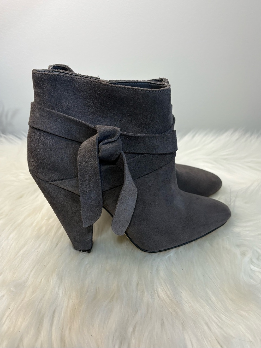Nine West Gray Suede Pointed-Toe Ankle Booties with Knot Accent